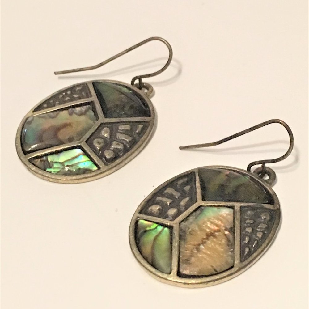 Abalone Shell and Silver Oval Drop Earrings, Summer Sea Turtle